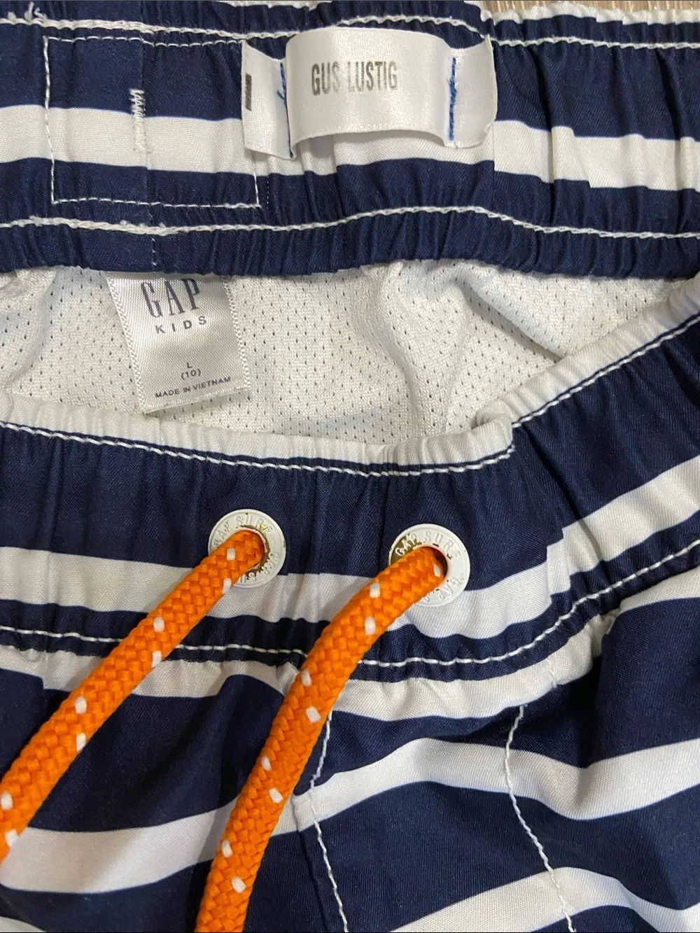 GAP Navy and White Striped Kids Swim Trunks with Orange Drawstring